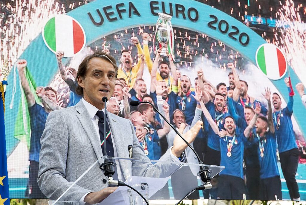 La Nazionale di Mancini, vincitrice di Euro 2020, in visita al Quirinale nel luglio 2021